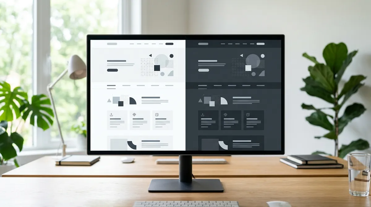 Interface en mode sombre et clair côte à côte illustrant le dark mode CSS