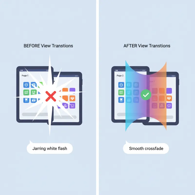 Schema du fonctionnement de l'API View Transitions en 4 etapes